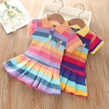 Girl's Summer fashion cute short sleeve cartoon rabbit embroidered rainbow strip baby girl princess dress - Idrilay