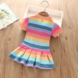 Girl's Summer fashion cute short sleeve cartoon rabbit embroidered rainbow strip baby girl princess dress - Idrilay