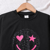 2024 New Children's Fashion Clothes Sets For Kids Girl Black Smiley T-shirt And Rose Red Pleated Skirt High Quality Korean Style - Idrilay