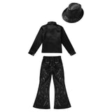Kids Jazz Dance Costumes Children Boys Girls Modern Disco Dancing Outfits Party Shiny Sequin Dance Shirts Flared Pants and Hat - Idrilay
