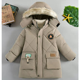 2025 Winter New Boys Jacket Solid Color Lining Plush Keep Warm Fur Collar Hooded Zipper Outerwear For 4-10Y Teen Kids Snowsuit
