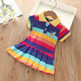 Girl's Summer fashion cute short sleeve cartoon rabbit embroidered rainbow strip baby girl princess dress - Idrilay
