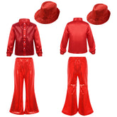 Kids Jazz Dance Costumes Children Boys Girls Modern Disco Dancing Outfits Party Shiny Sequin Dance Shirts Flared Pants and Hat - Idrilay