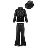 Kids Jazz Dance Costumes Children Boys Girls Modern Disco Dancing Outfits Party Shiny Sequin Dance Shirts Flared Pants and Hat - Idrilay
