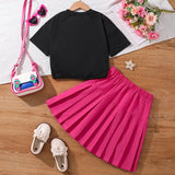 2024 New Children's Fashion Clothes Sets For Kids Girl Black Smiley T-shirt And Rose Red Pleated Skirt High Quality Korean Style - Idrilay