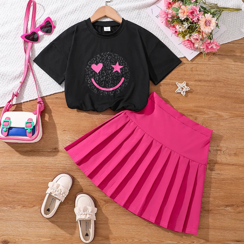 2024 New Children's Fashion Clothes Sets For Kids Girl Black Smiley T-shirt And Rose Red Pleated Skirt High Quality Korean Style - Idrilay