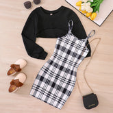 Kids Casual Clothing Sets Outfits for Girls 2024 Autumn Children Fashion Long Sleeve Short Tops Plaid Cami Bodycon Dress 5-14Y - Idrilay