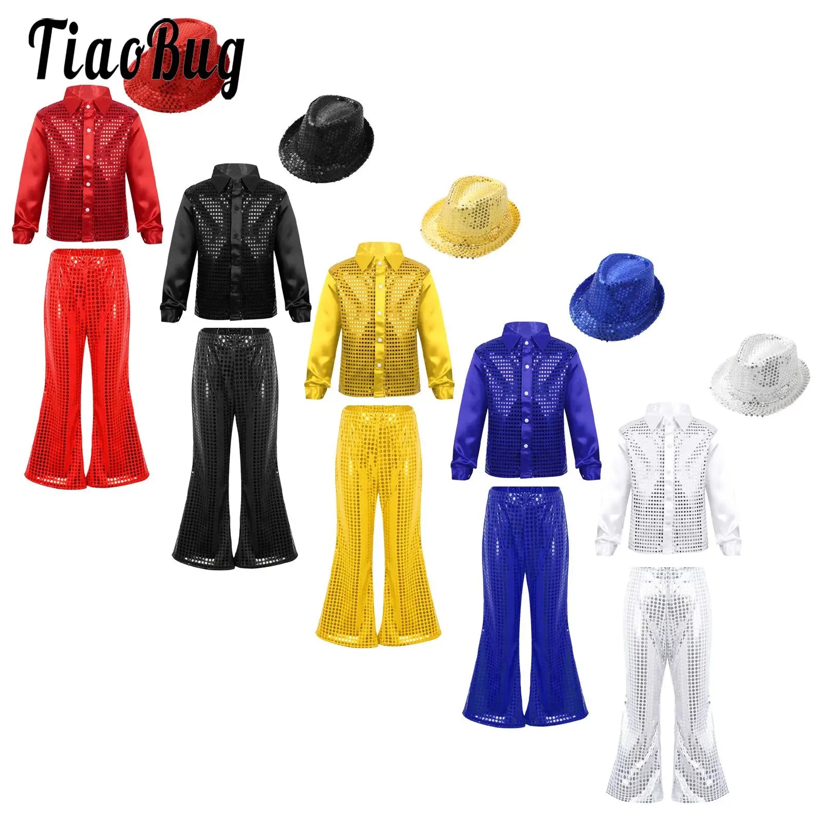 Kids Jazz Dance Costumes Children Boys Girls Modern Disco Dancing Outfits Party Shiny Sequin Dance Shirts Flared Pants and Hat - Idrilay
