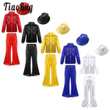 Kids Jazz Dance Costumes Children Boys Girls Modern Disco Dancing Outfits Party Shiny Sequin Dance Shirts Flared Pants and Hat - Idrilay