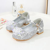 Kids Causal Shoes Wedding Party Children's High Heels Princess Shiny Crystal Flower Girls Leather Shoes Pink Blue Sliver 23-38 - Idrilay