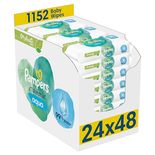 Pampers Harmonie Aqua Baby Wipes 24 Packs of 46 Wipes = 1152 Baby Wet Wipes, Help Restore Natural Skin pH,Delicate Lotion with 99% Water