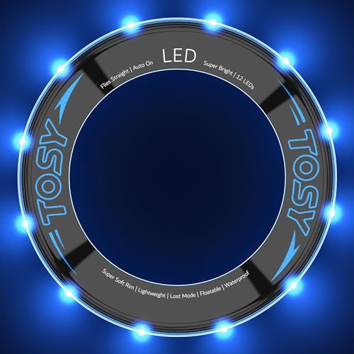 TOSY Flying Ring - 12 LEDs, Super Bright, Very Soft & Phosphorescent Rim, Auto Light Up, Safe, Waterproof, Lightweight frisbee, Cool Fun Christmas & Outdoor/Indoor Gift Toy for Boys/Girls/Kids