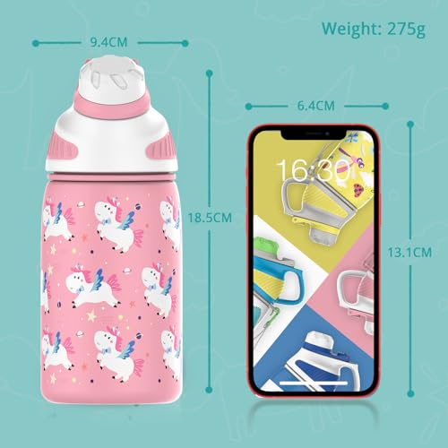 Fjbottle Kids Stainless Steel Water Bottle 400ML with Magnetic Lid, Double Wall Vacuum Insulated Water Bottles BPA Free, Kids Water Bottles for School Toddler Leak Proof with Cleaning Brush