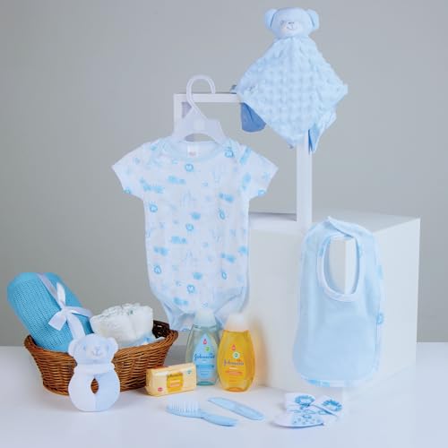 Baby Box Shop - 17 Baby Essentials for Newborn Boy Perfect as Christenings - Baby Boy Gifts, Baby Hamper for Newborn Boy in Rattan Basket (Blue)