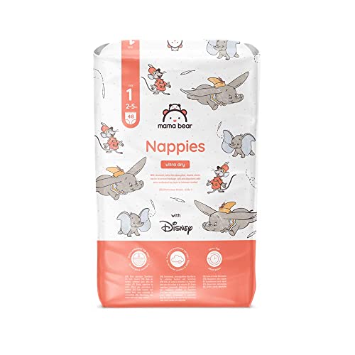 Amazon Brand - Mama Bear Disney Ultra Dry Nappies, Size 1 (2-5 kg), 96 Count, White, Monthly Pack