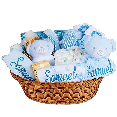 Baby Box Shop - 17 Baby Essentials for Newborn Boy Perfect as Christenings - Baby Boy Gifts, Baby Hamper for Newborn Boy in Rattan Basket (Blue)