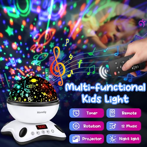 Moredig Dinosaur Night Light Projector for Kids, Remote Dinosaur Projector Light with 12 Music, 18 Lighting Modes Baby Night Light for Kids with Timer 2 Projections Gifts for Baby Boys Girls - Black