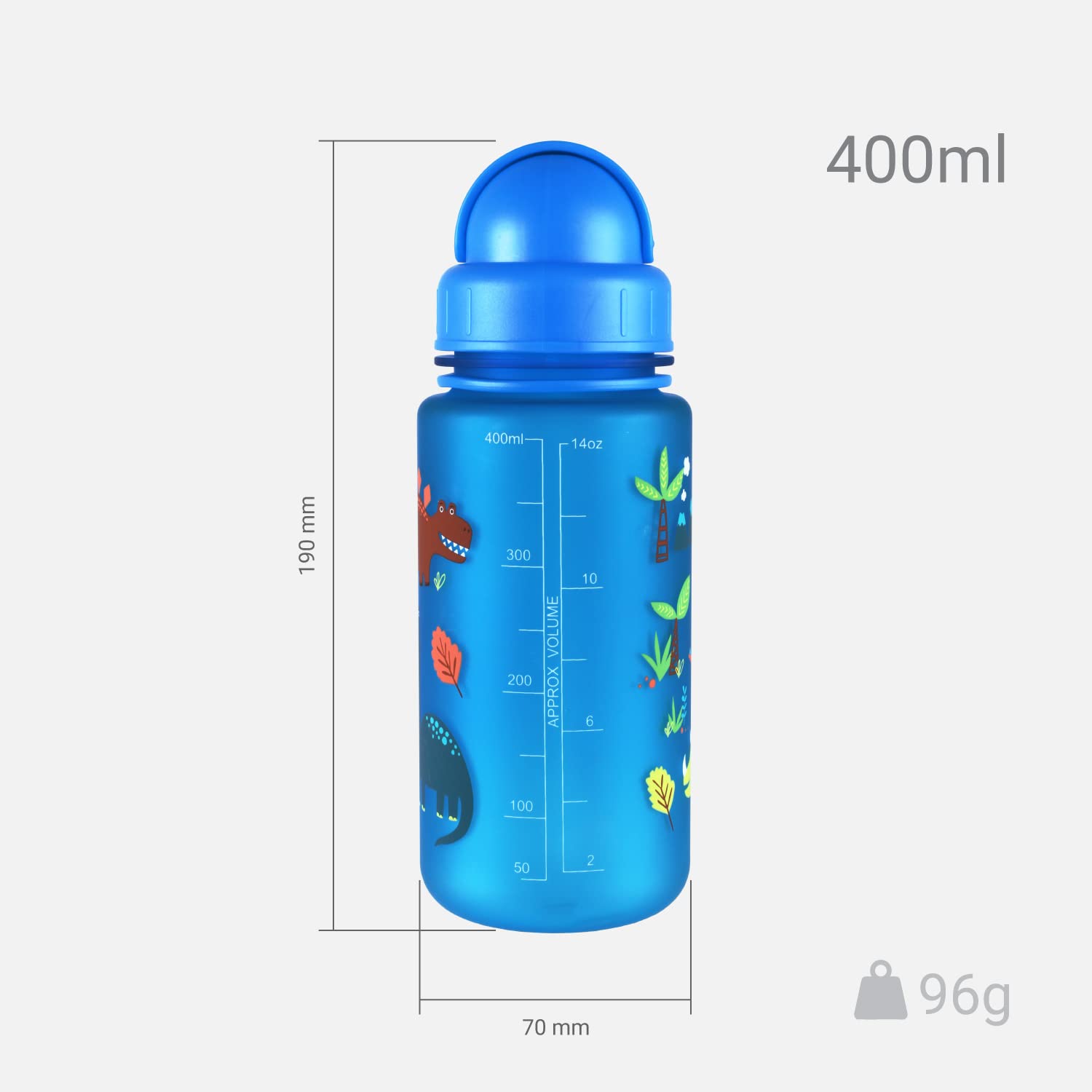 Children's Water Bottle With Easy-Access Lid & Straw, 400ml, Blue Dinosaurs