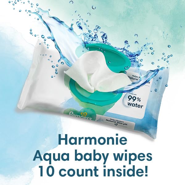 Pampers Premium Protection New Baby Size 1, 180 Nappies, 2kg-5kg, Monthly Pack + Pampers Harmonie Aqua Baby Wipes 10 Count, Packaging May Vary