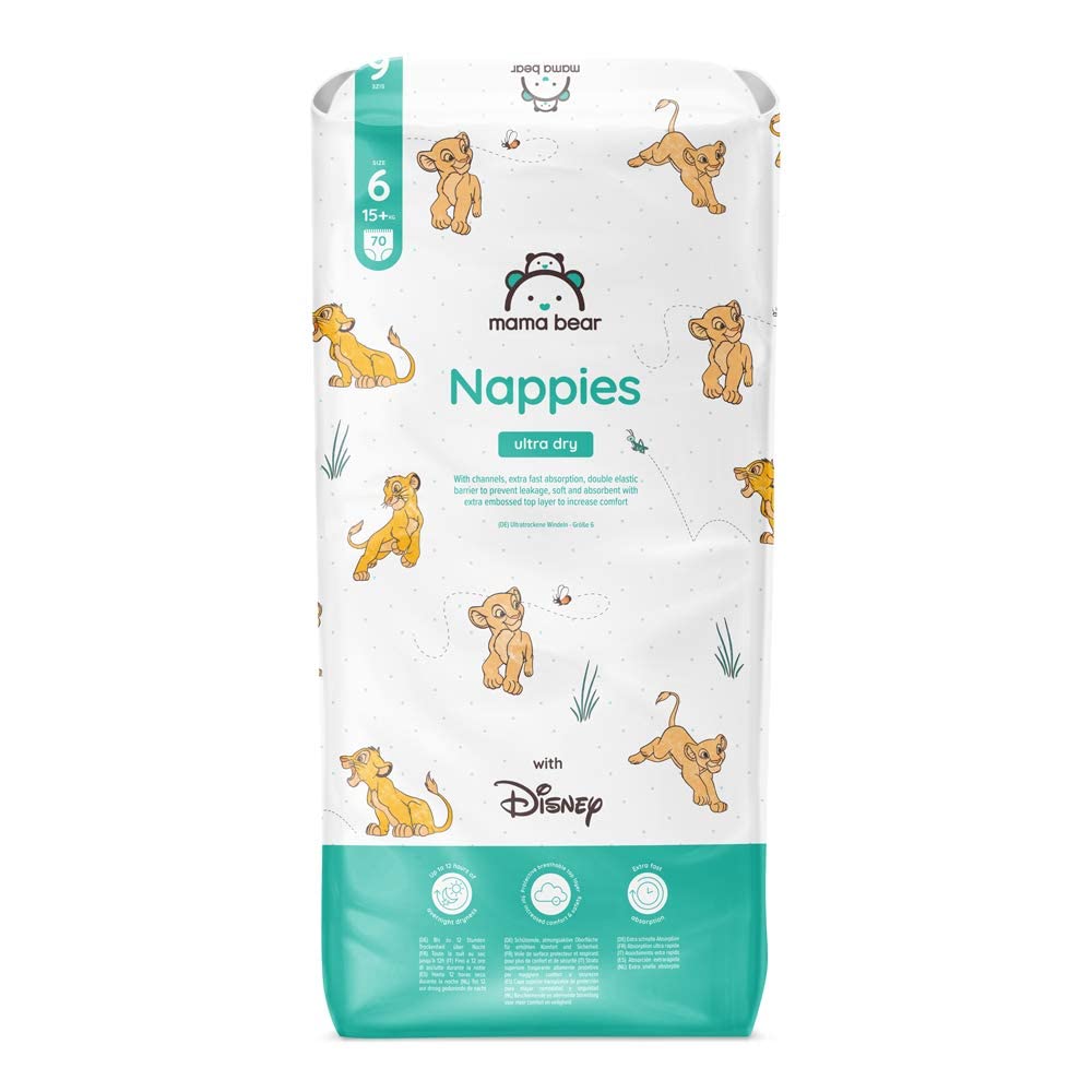 Amazon Brand - Mama Bear Disney Ultra Dry Nappies, Size 1 (2-5 kg), 96 Count, White, Monthly Pack