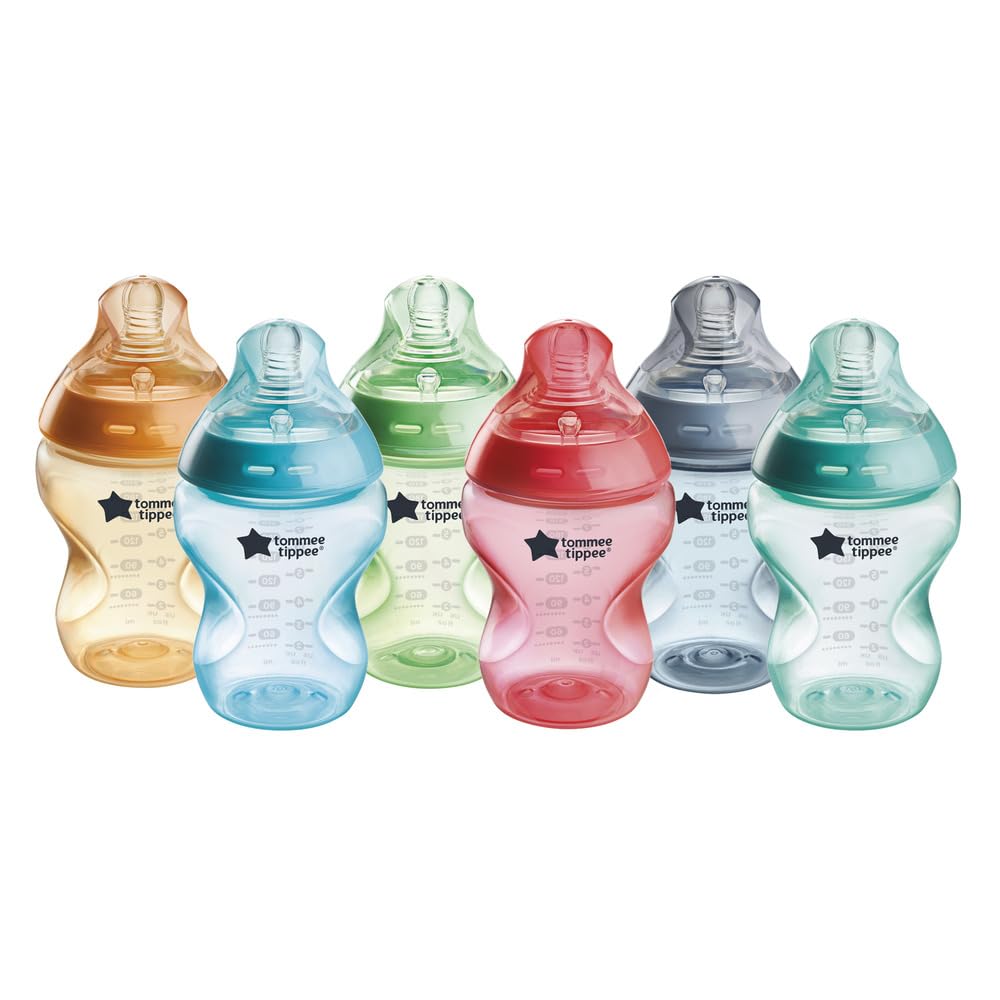 Tommee Tippee Natural Start Anti-Colic Baby Bottle, 260 ml, 0+ months, Anti-Colic Valve, Slow Flow Breast-Like Teat for a Natural Latch, Self-Sterilising, Colourful, Pack of 6