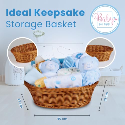 Baby Box Shop - 17 Baby Essentials for Newborn Boy Perfect as Christenings - Baby Boy Gifts, Baby Hamper for Newborn Boy in Rattan Basket (Blue)