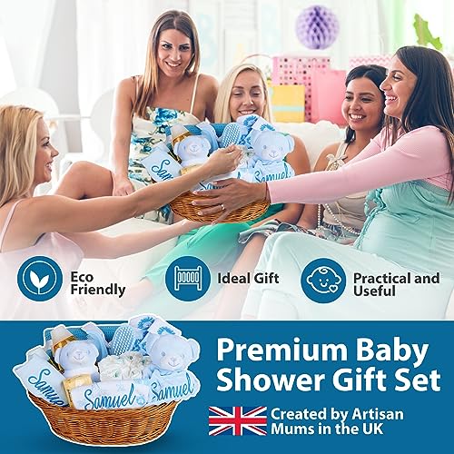 Baby Box Shop - 17 Baby Essentials for Newborn Boy Perfect as Christenings - Baby Boy Gifts, Baby Hamper for Newborn Boy in Rattan Basket (Blue)