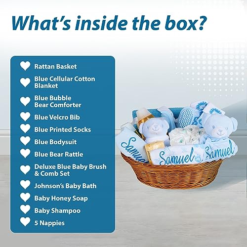 Baby Box Shop - 17 Baby Essentials for Newborn Boy Perfect as Christenings - Baby Boy Gifts, Baby Hamper for Newborn Boy in Rattan Basket (Blue)