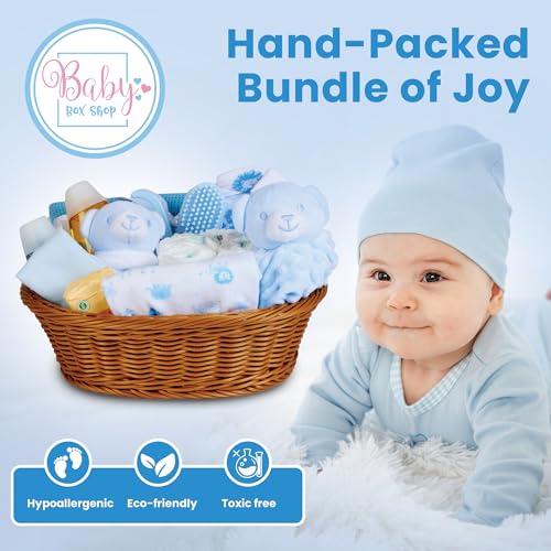 Baby Box Shop - 17 Baby Essentials for Newborn Boy Perfect as Christenings - Baby Boy Gifts, Baby Hamper for Newborn Boy in Rattan Basket (Blue)