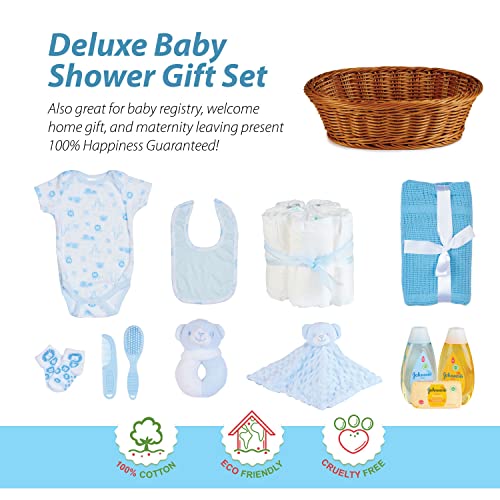 Baby Box Shop - 17 Baby Essentials for Newborn Boy Perfect as Christenings - Baby Boy Gifts, Baby Hamper for Newborn Boy in Rattan Basket (Blue)