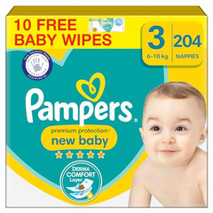 Pampers Premium Protection New Baby Size 1, 180 Nappies, 2kg-5kg, Monthly Pack + Pampers Harmonie Aqua Baby Wipes 10 Count, Packaging May Vary