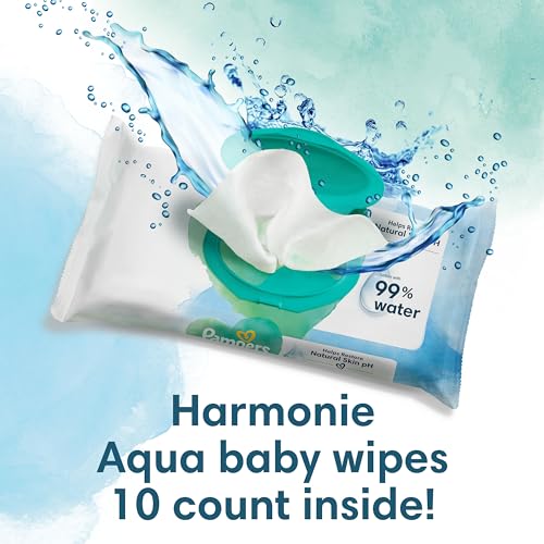 Pampers Premium Protection New Baby Size 1, 180 Nappies, 2kg-5kg, Monthly Pack + Pampers Harmonie Aqua Baby Wipes 10 Count, Packaging May Vary