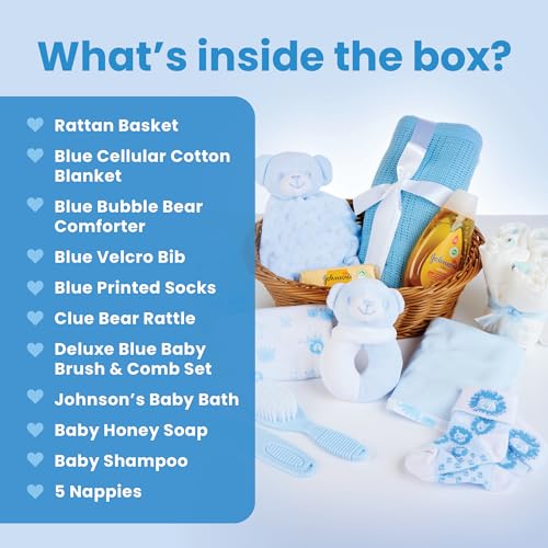 Baby Box Shop - 17 Baby Essentials for Newborn Boy Perfect as Christenings - Baby Boy Gifts, Baby Hamper for Newborn Boy in Rattan Basket (Blue)