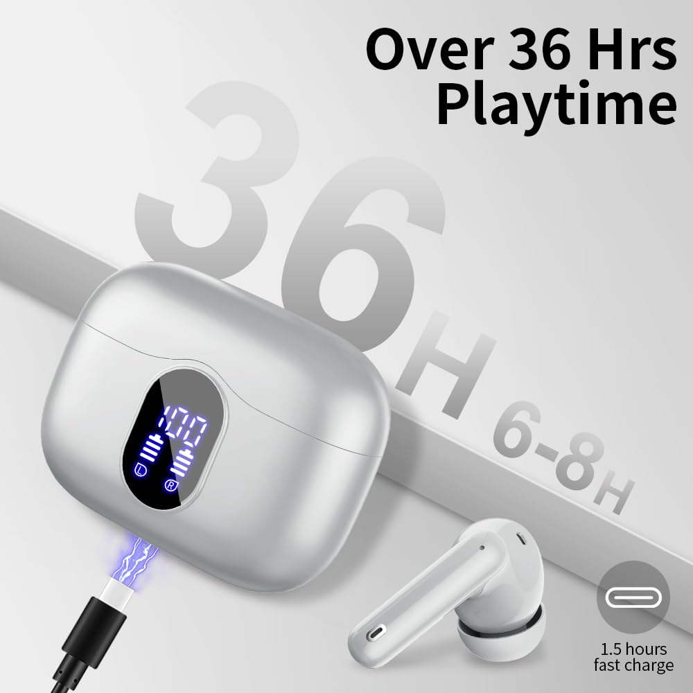 Wireless Earbuds, Bluetooth 5.3 Headphones In Ear with 4 ENC Noise Cancelling Mic, Btootos New Bluetooth Earbuds Mini Deep Bass Stereo Sound, 36H Playtime LED Display Wireless Earphones IP7 Waterproof