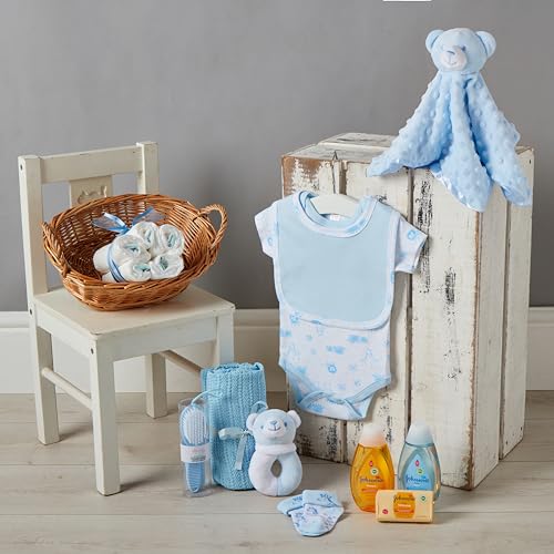 Baby Box Shop - 17 Baby Essentials for Newborn Boy Perfect as Christenings - Baby Boy Gifts, Baby Hamper for Newborn Boy in Rattan Basket (Blue)