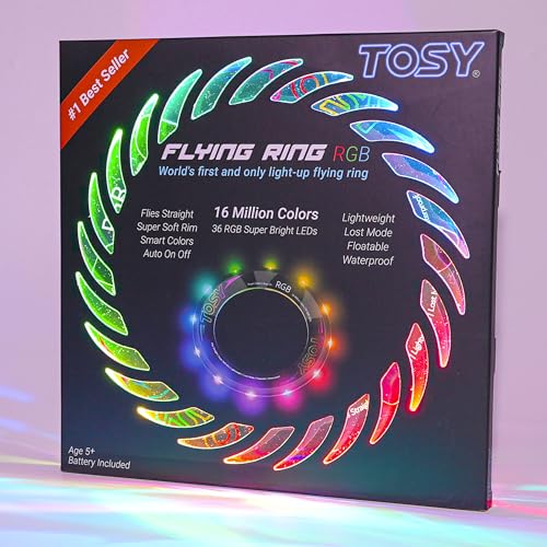 TOSY Flying Ring - 12 LEDs, Super Bright, Very Soft & Phosphorescent Rim, Auto Light Up, Safe, Waterproof, Lightweight frisbee, Cool Fun Christmas & Outdoor/Indoor Gift Toy for Boys/Girls/Kids