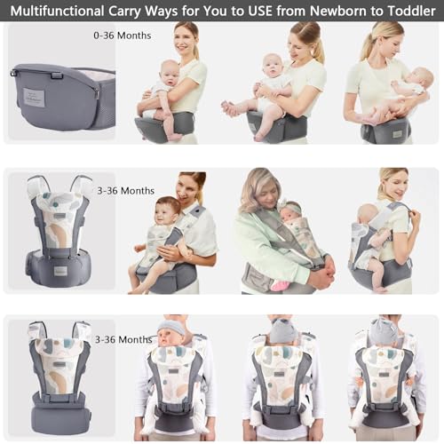 Bebamour Baby Carrier Newborn to Toddler Baby Carrier Hipseat 0-36Months with Head Hood, 3 PCS Teething Pads, Waist Extender, Green