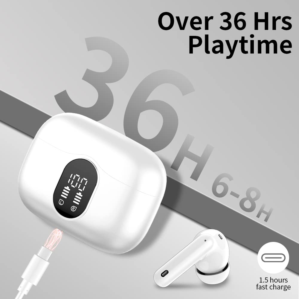 Wireless Earbuds, Bluetooth 5.3 Headphones In Ear with 4 ENC Noise Cancelling Mic, Btootos New Bluetooth Earbuds Mini Deep Bass Stereo Sound, 36H Playtime LED Display Wireless Earphones IP7 Waterproof