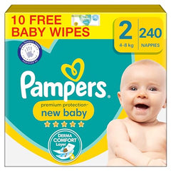 Pampers Premium Protection New Baby Size 1, 180 Nappies, 2kg-5kg, Monthly Pack + Pampers Harmonie Aqua Baby Wipes 10 Count, Packaging May Vary