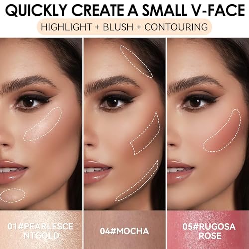 3 Pack Liquid Contour & Highlighter & Blush Makeup Set Long Lasting Natural Weightless Buildable Contouring Bronzer Liquid Blush Stick Beauty Wand Liquid Highlighter Makeup (Set A)