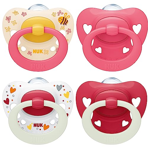 NUK Signature Day & Night Baby Dummy 6-18 months Soothes 95% of Babies Heart-Shaped BPA-Free Silicone Soothers Glow-in-the-Dark Stars 4 Count