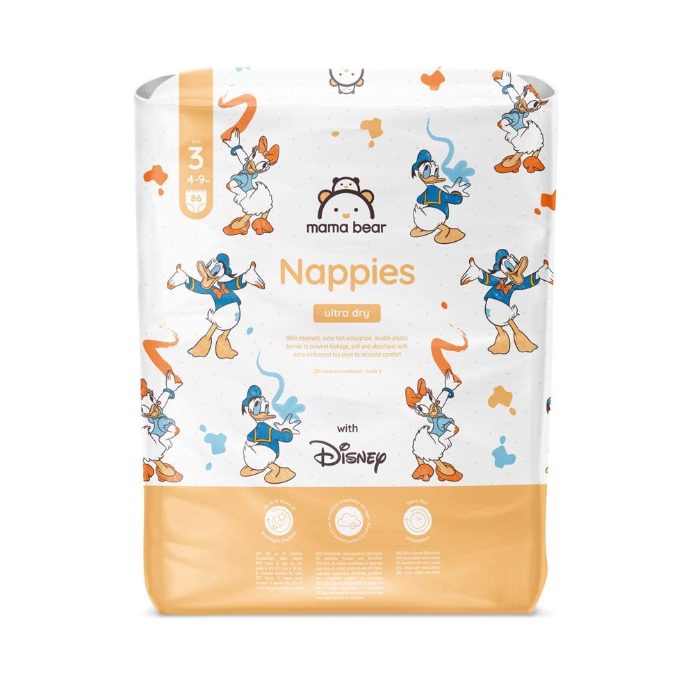 Amazon Brand - Mama Bear Disney Ultra Dry Nappies, Size 1 (2-5 kg), 96 Count, White, Monthly Pack