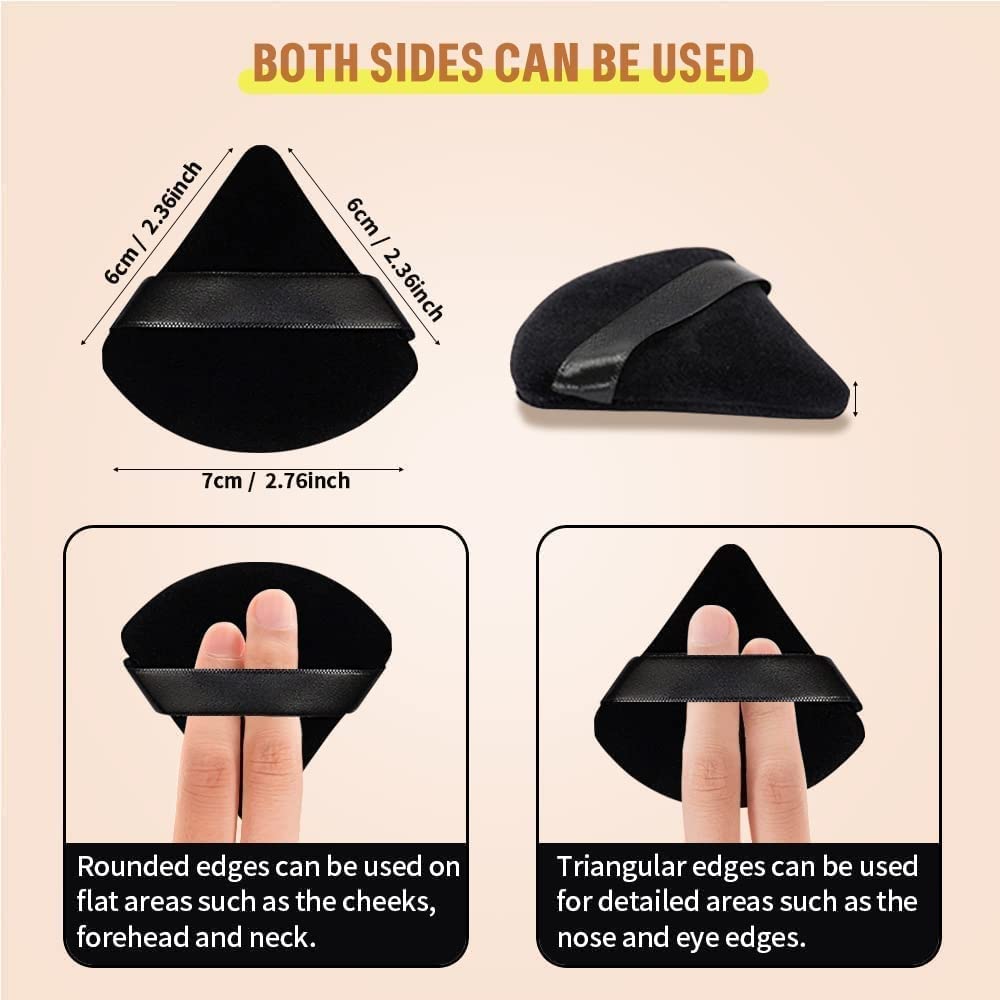 WROLY Triangle Puff 4 Pcs for Pressed Powder, Soft & Resuable Foundation Sponge With Strap, Makeup Sponge Perfect For Dry & Wet Makeup (Black + Black)