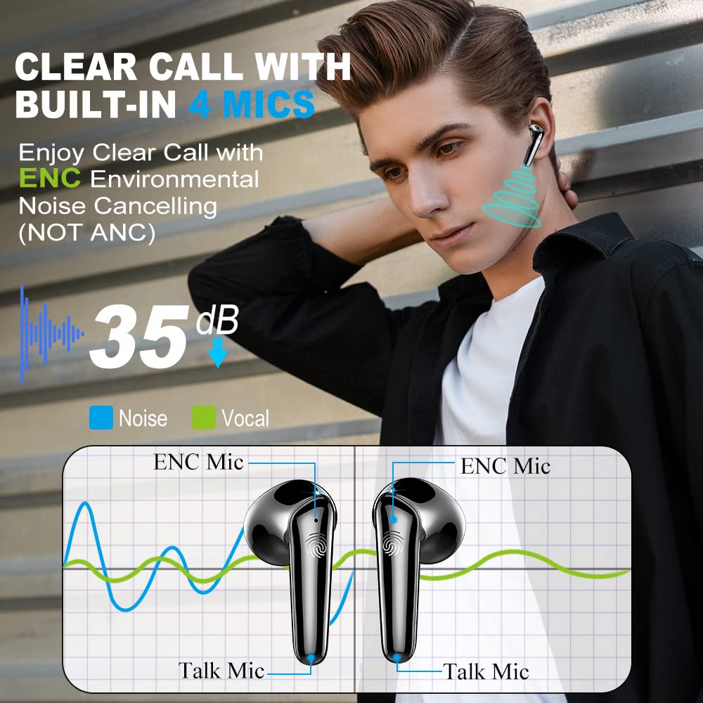 Wireless Earbuds, Bluetooth 5.3 Headphones NEW Wireless Headphones with 4 ENC Mic, 56H Bluetooth Earphones in Ear Noise Cancelling Deep Bass, Mini Ear Buds Bluetooth Earbuds IP7 Waterproof LED Display