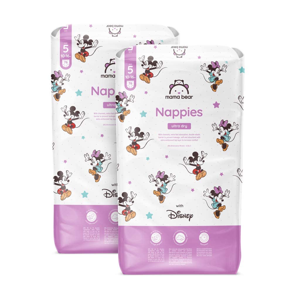 Amazon Brand - Mama Bear Disney Ultra Dry Nappies, Size 1 (2-5 kg), 96 Count, White, Monthly Pack