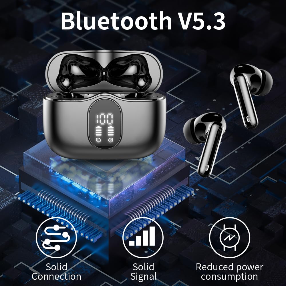 Wireless Earbuds, Bluetooth 5.3 Headphones In Ear with 4 ENC Noise Cancelling Mic, Btootos New Bluetooth Earbuds Mini Deep Bass Stereo Sound, 36H Playtime LED Display Wireless Earphones IP7 Waterproof