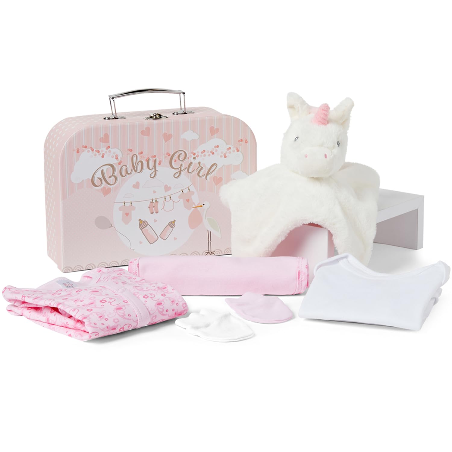 Baby Box Shop - 7 Newborn Baby Girl Gifts Ideal for Christening, Birthdays & Baby Shower Gifts - Includes Baby Essentials for Newborn Girl with Baby Rattle in Cute Keepsake Case, Baby Girl Hamper