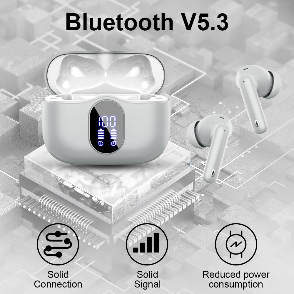 Wireless Earbuds, Bluetooth 5.3 Headphones In Ear with 4 ENC Noise Cancelling Mic, Btootos New Bluetooth Earbuds Mini Deep Bass Stereo Sound, 36H Playtime LED Display Wireless Earphones IP7 Waterproof