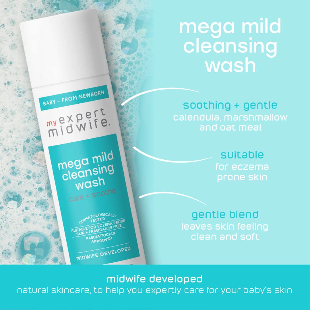 My Expert Midwife Newborn Baby Mega Mild Skincare Essentials Kit with Mega Mild Cleansing Baby Body Wash, Mega Mild Moisture Milk Baby Cream and No Harm Bum Balm Nappy Cream (Pack of 3)