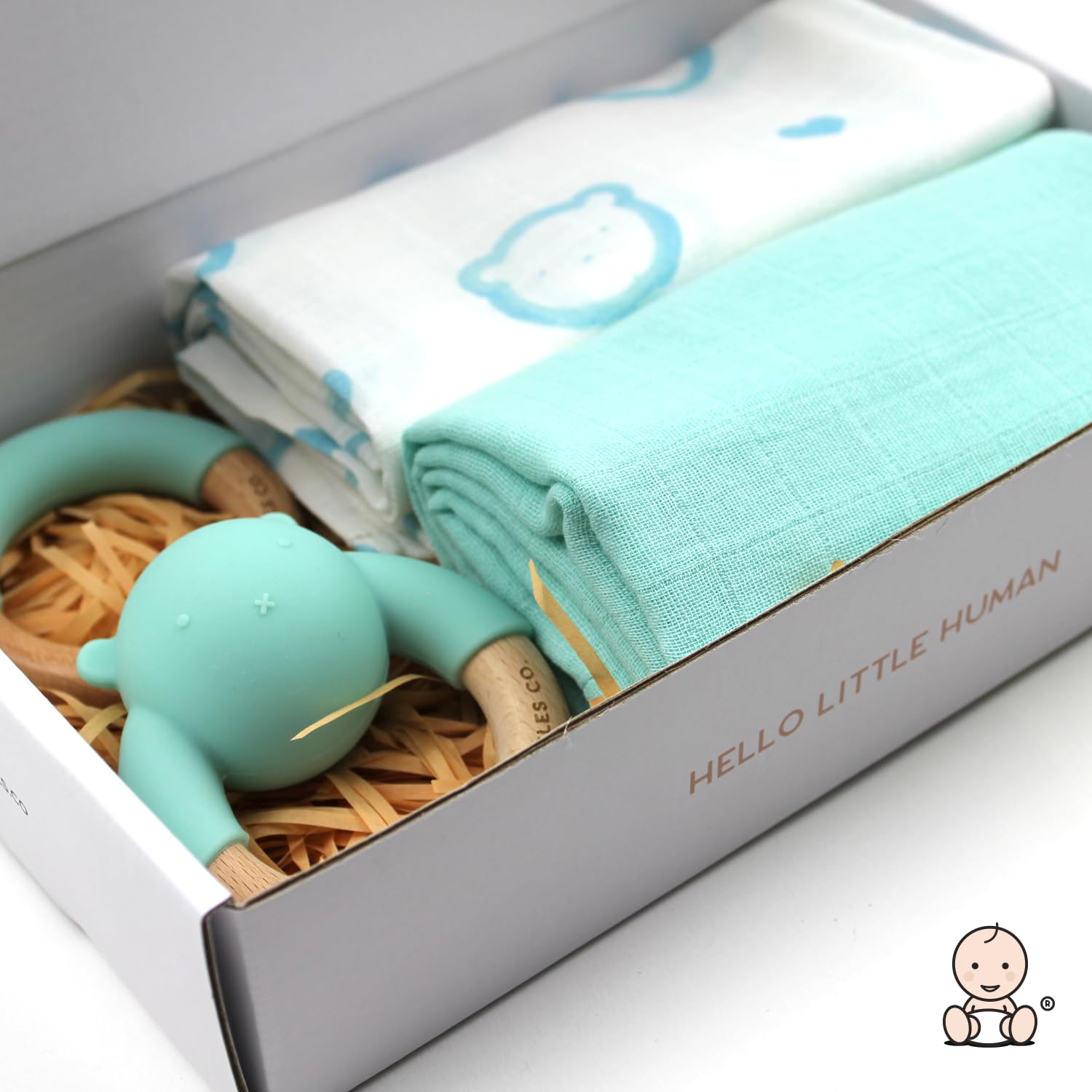 Little Giggles Co.® Baby Gifts - Neutral Teething Toys & Large Muslin Cloths Gift Set. Sensory Play Rattle, Soothing Teether Ring, Cotton Baby Muslins. Baby Essentials for Newborn & Baby Shower Gifts